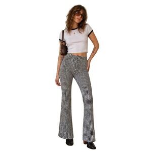 PYKETTES 70's Houndstooth Bell Bottom Pants Black White‎ Flare Retro High Rise